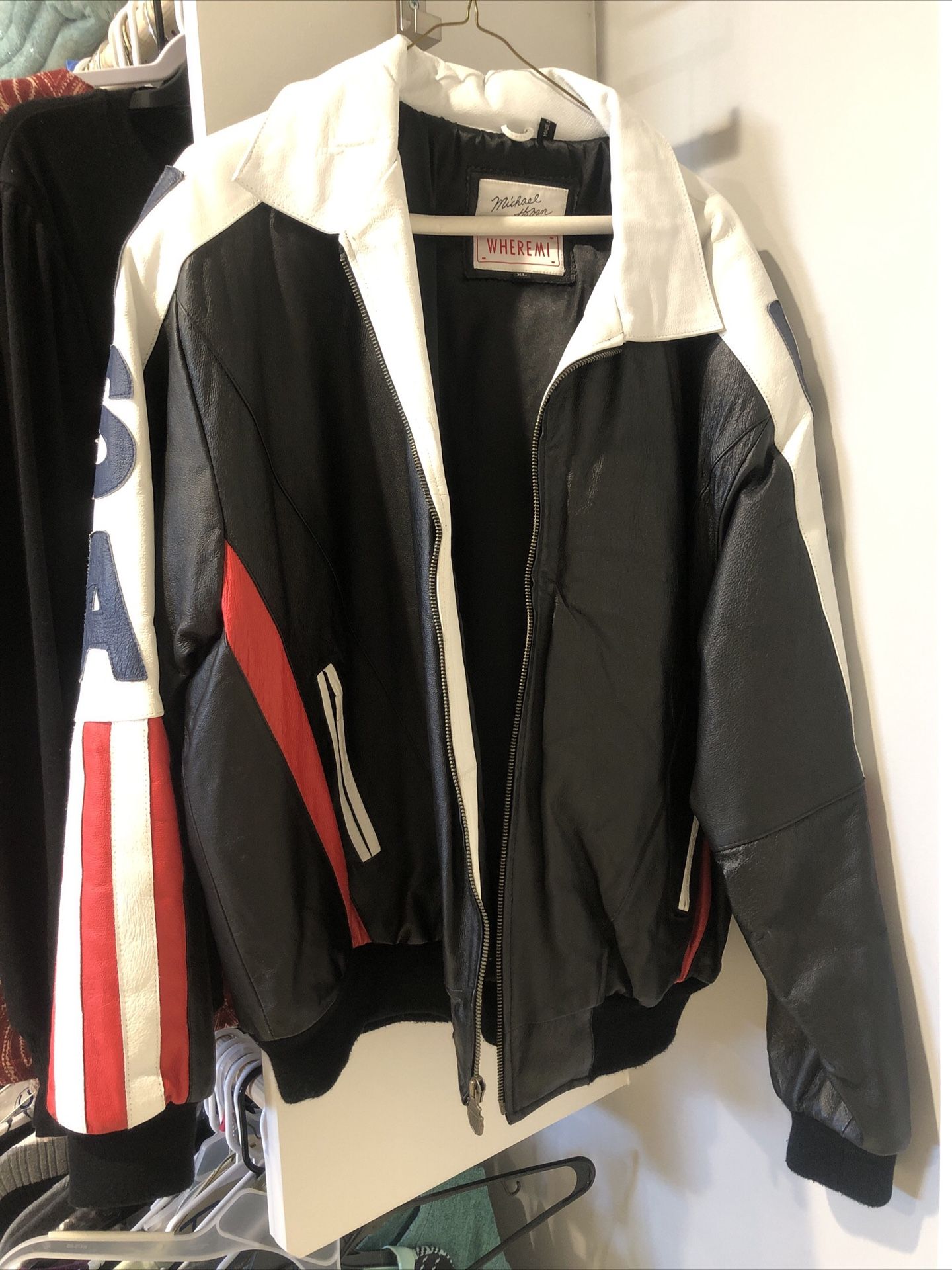 Vintage Michael Hoban WhereMI Leather Jacket USA American Flag XL