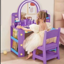 Kids Vanity with Lighted Mirror, 2 in 1 Princess Vanity Set Toddler Vanity Table & Chair Set with Open Bookshelf, Storage Cabinet (Firm Price)