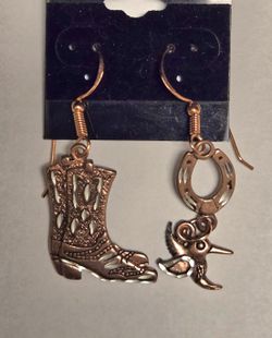 Copper Tone Western Boot and Horseshoe Hook Dangle Earrings Signed