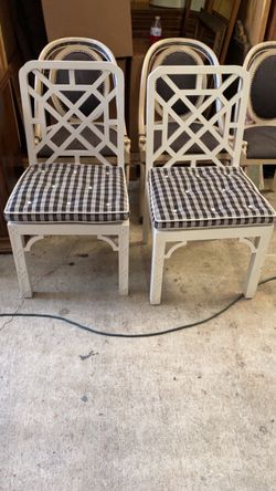 White Chinoiserie Dining Chairs with Plaid Cushions