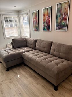 Gray Tufted Sectional Sofa with Chaise