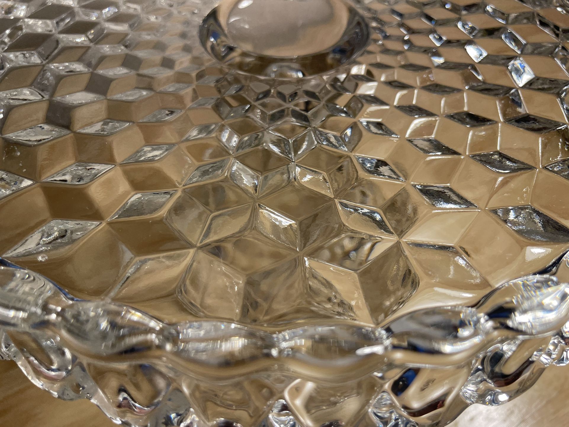 Antique Fostoria American Cubist Crystal Glass Pedestal Cake Stand