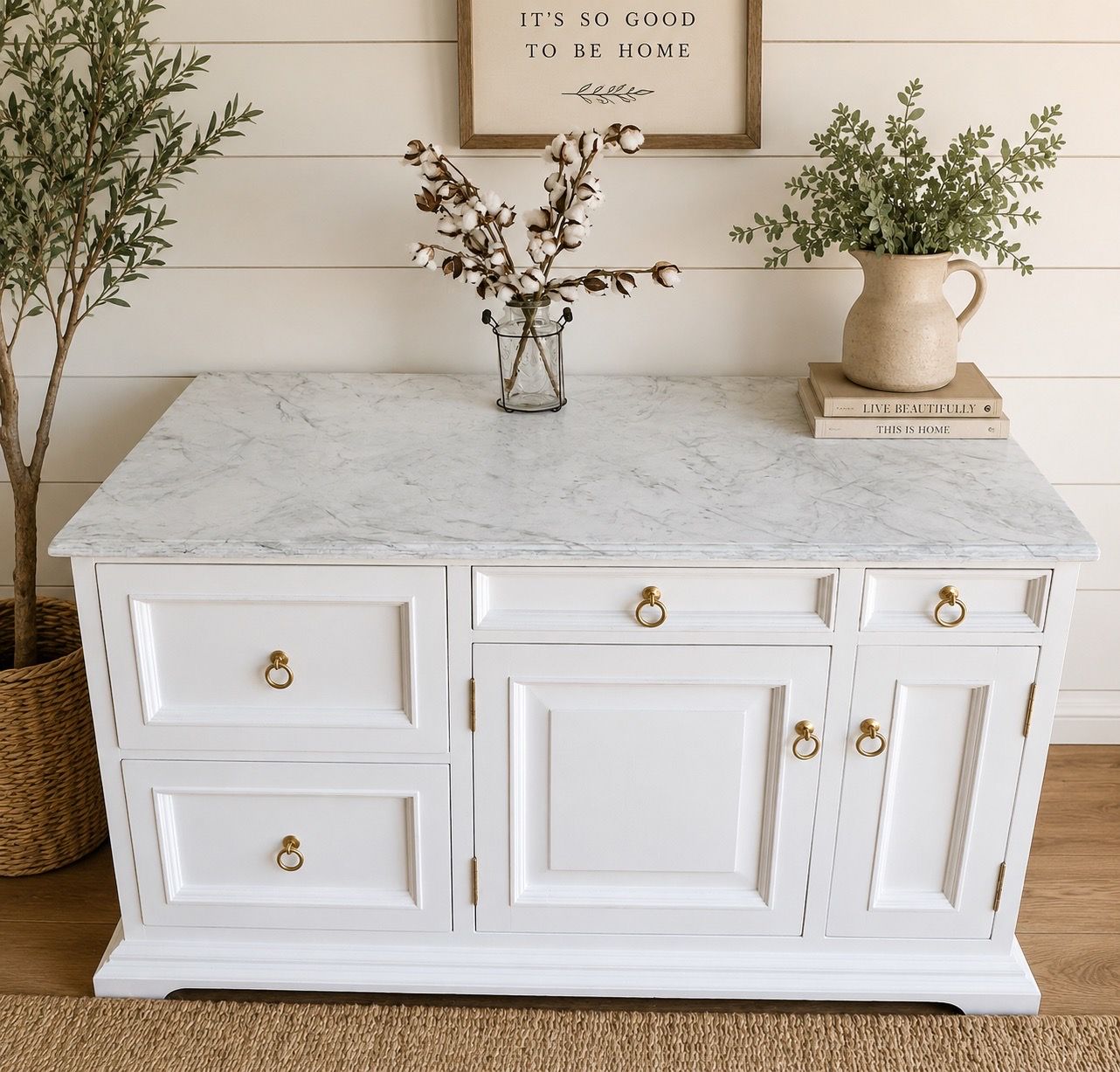 GORGEOUS Farmhouse Style Solid Wood Sideboard / Buffet Cabinet Dresser – White with Marble top