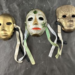 Lot of 3 Vintage Solid Brass Mardi Gras or Venetian Carnival Masks Made in India Hand Painted