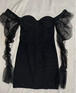Black Bodycon Mini Dress with Tulle Sleeves