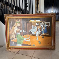 Large Framed Dog Art – Pool Table Scene (43” x 31”)