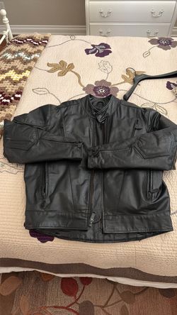 Heavy black leather motorcycle jacket