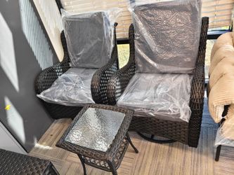 3 Pieces Outdoor Patio Furniture Set, Rattan Wicker Swivel Rocker Chairs Sets with Swivel Glider Chairs and Coffee Table