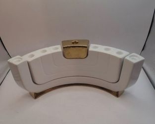 Vintage 3 Pc Wizo Ceramic Menorah Israel Judaica White & Gold