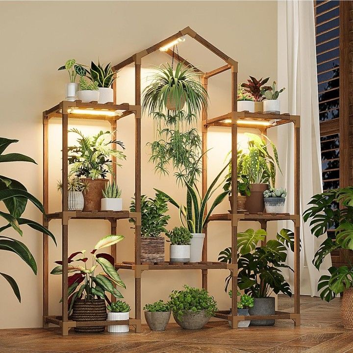 Wood Plant Stand with Grow Lights 