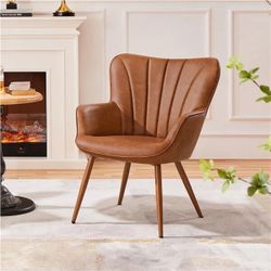 Modern Pleated Curved Back Faux Leather Accent Chair Upholstered Armchair for Living Room Dining Room Bedroom, Retro Brown