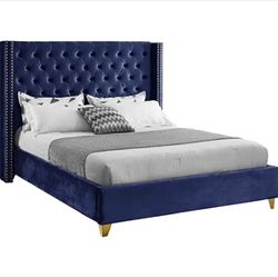 Queen Velvet Wingback Bed Frame – Meridian “Barolo” Style, Like-New, Navy Blue