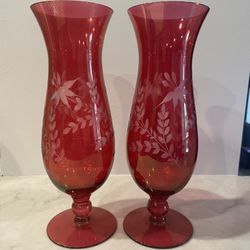 Cranberry Glass Etched Vases- Set Of 2