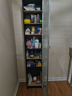 Slender Black Wood Cabinet with Glass Door