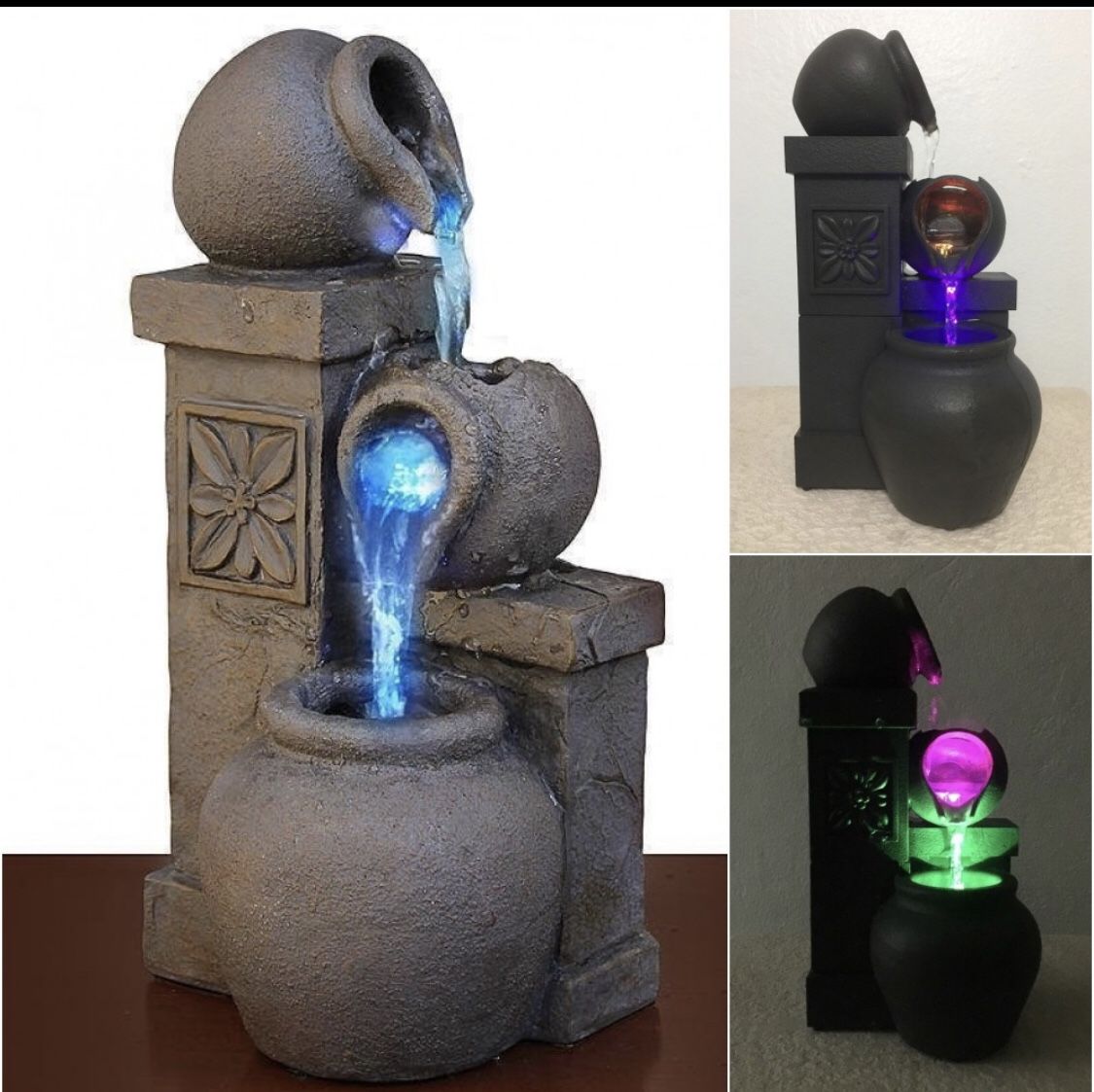 Water Fountain RUSTIC VASE Color Changing Indoor Feature LED Bowls Home Decor