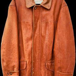 Great Mens Orvis Light Brown Leather Jacket Size 44 Made In The USA Heavy Made With Real Leather Great Jacket Very Hard To Find 