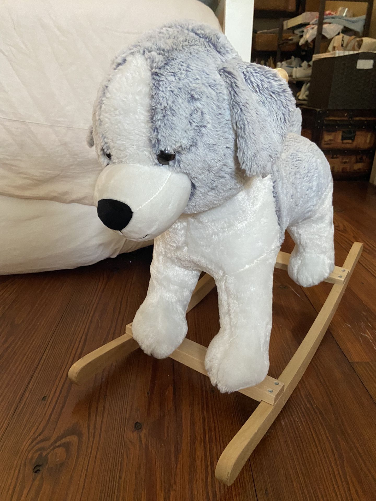 Grey and White Dog Plush Wooden Rocker