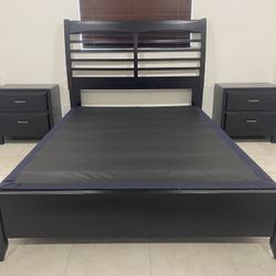 Dark brown/black Queen Bed Frame, 2 Nightstands and 5 Drawer Dresser