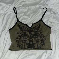 Y2K Cropped Army Green Graphic Tank Top