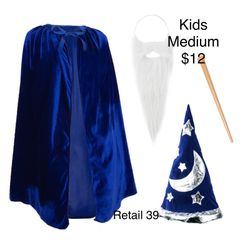 Kids Wizard Costume Cosplay Blue Halloween Medium / Disfraz De Mago Niños Mediano 