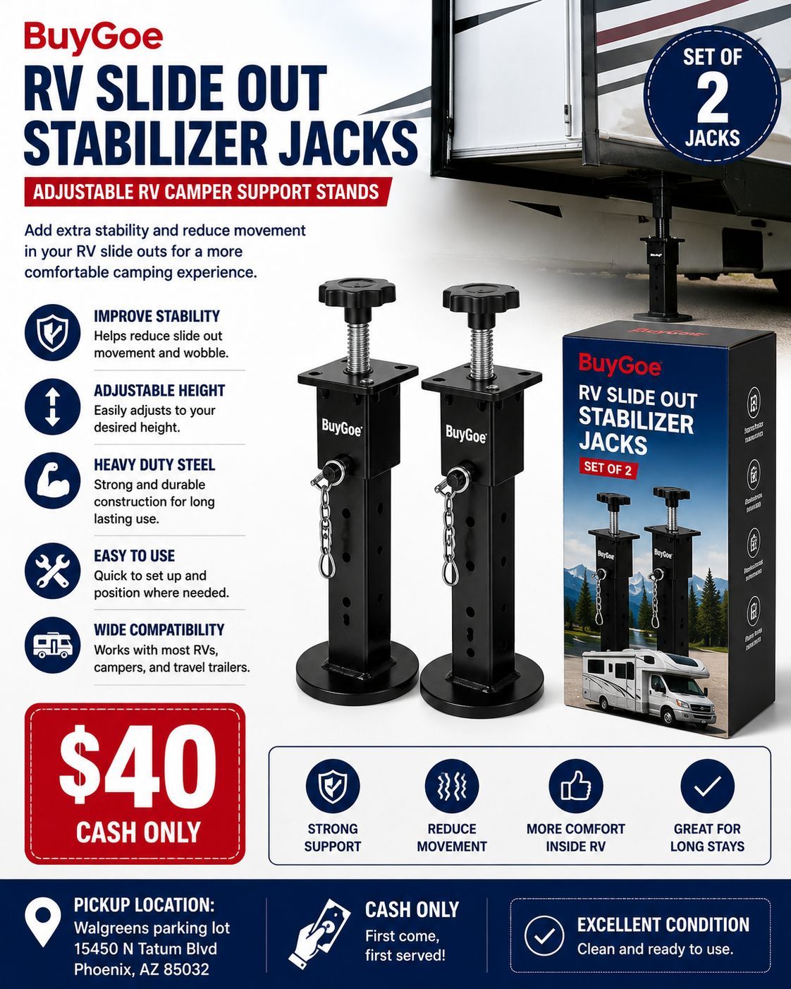 BuyGoe RV Slide Out Stabilizer Jacks – Adjustable RV Camper Support Stands (Set of 2) – $40