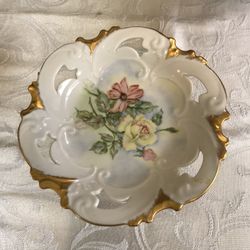 Antique Floral China Dish With Stem