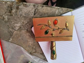 Vintage Brass Hinged Box with Gemstone Inlay