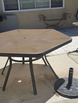 Glass Top Patio Table with 4 Chairs and Umbrella Base