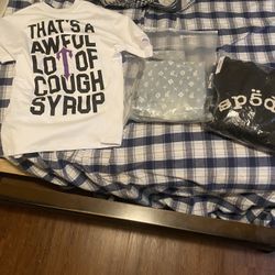 Cough syrup shirt , purple jeans , and spider hoodie (all new with tags)