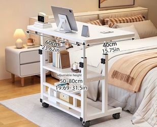 Adjustable Height Rolling Overbed Desk with Shelves