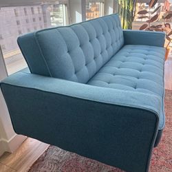 Mid-Century Modern Blue Futon Sofa – Excellent Condition | Converts to Bed