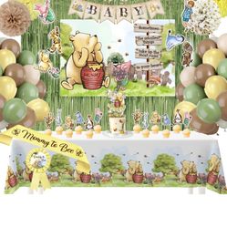 Winnie Baby Shower Decorations – the Pooh Balloons, Backdrop, Welcome Baby Banner, Tablecloth, Cake Toppers, Pompoms, Sash & More – Classic Pooh Baby 