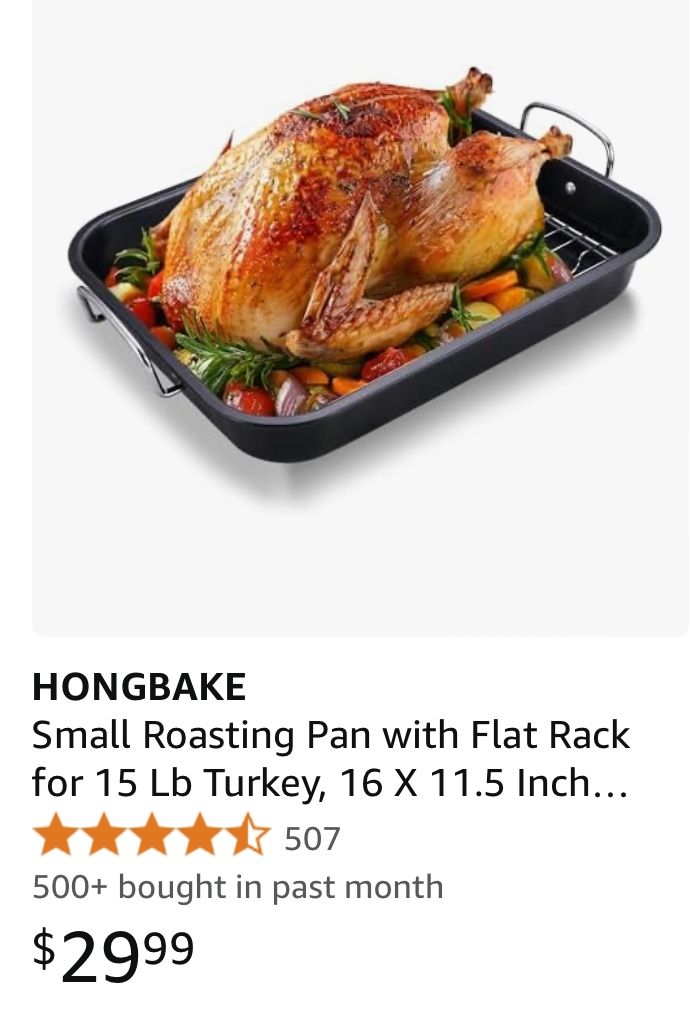 HONGBAKE Small Roasting Pan with Flat Rack for 15 Lb Turkey,