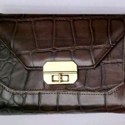 Mexican Leather Purse Brown Croc Pattern with Strap Artisan Cowhide (NEW - OPEN BOX)