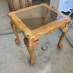 Solid Carved accents Oak End Table With Smoked Glass 