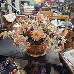 Large Traditional Artificial Floral Arrangement Centerpiece In Gold Painted Ceramic Pot Approx 28"W X 20"H