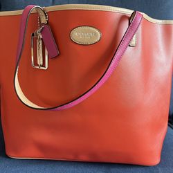 Coach Metro Leather Tote  Bag Vermillion Coral Pink Gift 