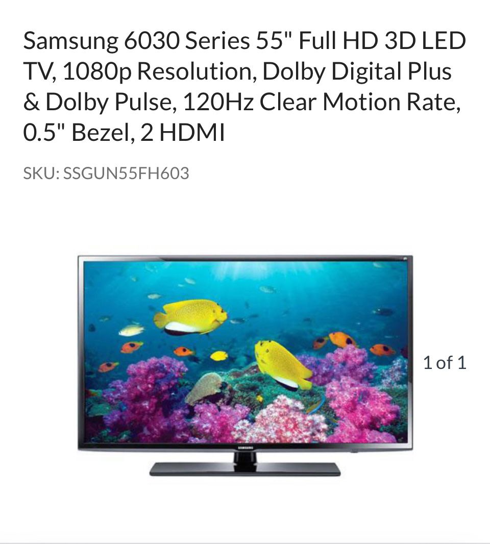 Samsung 6030 Series 55" Full HD 3D LED TV, 1080p Resolution, Dolby Digital Plus & Dolby Pulse, 120Hz Clear Motion Rate, 0.5" Bezel, 2 HDMI $150