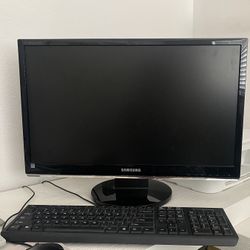 samsung computer monitor, computer, keyboard, mouse, speakers
