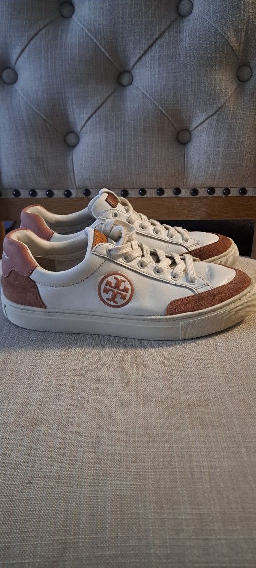 Tory Burch Howell Court Sneaker White Pink Leather Logo Low Top Shoes Size 8M