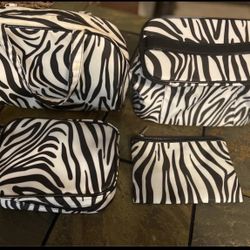 MODELLA 4-PC ZEBRA PRINT MAKE-UP BAG SET IN TURQUOISE LINING