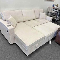 Beige corduroy sectional pull out sofa bed sleeper sofa with USB and Cup holders