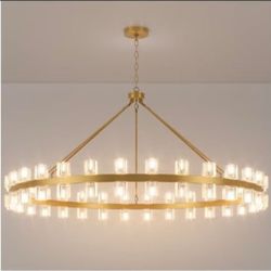60 Inch Gold Wagon Wheel Chandelier with Crystal Shade, 60 Lights, Modern Farmhouse Style, Ideal for Dining Room, Kitchen, Entryways