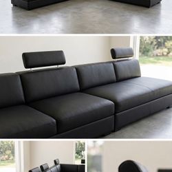 XL Modern Black Leather Sectional - Armless L-Shape - Unique Slim Headrests