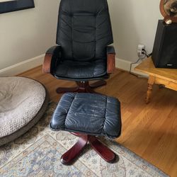 Blue Leather Chair And Foot Stool