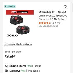 2 Milwaukee  M18 XC 5.0 AH Batteries 