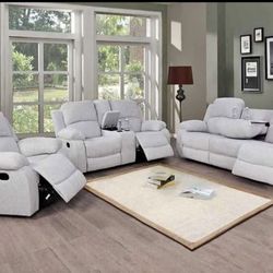 Gray Chenille Fully Reclining Three Piece Couch Set