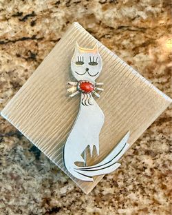 Vintage Sterling Silver & Red Coral Cat Pin - Mexican Mid-Century