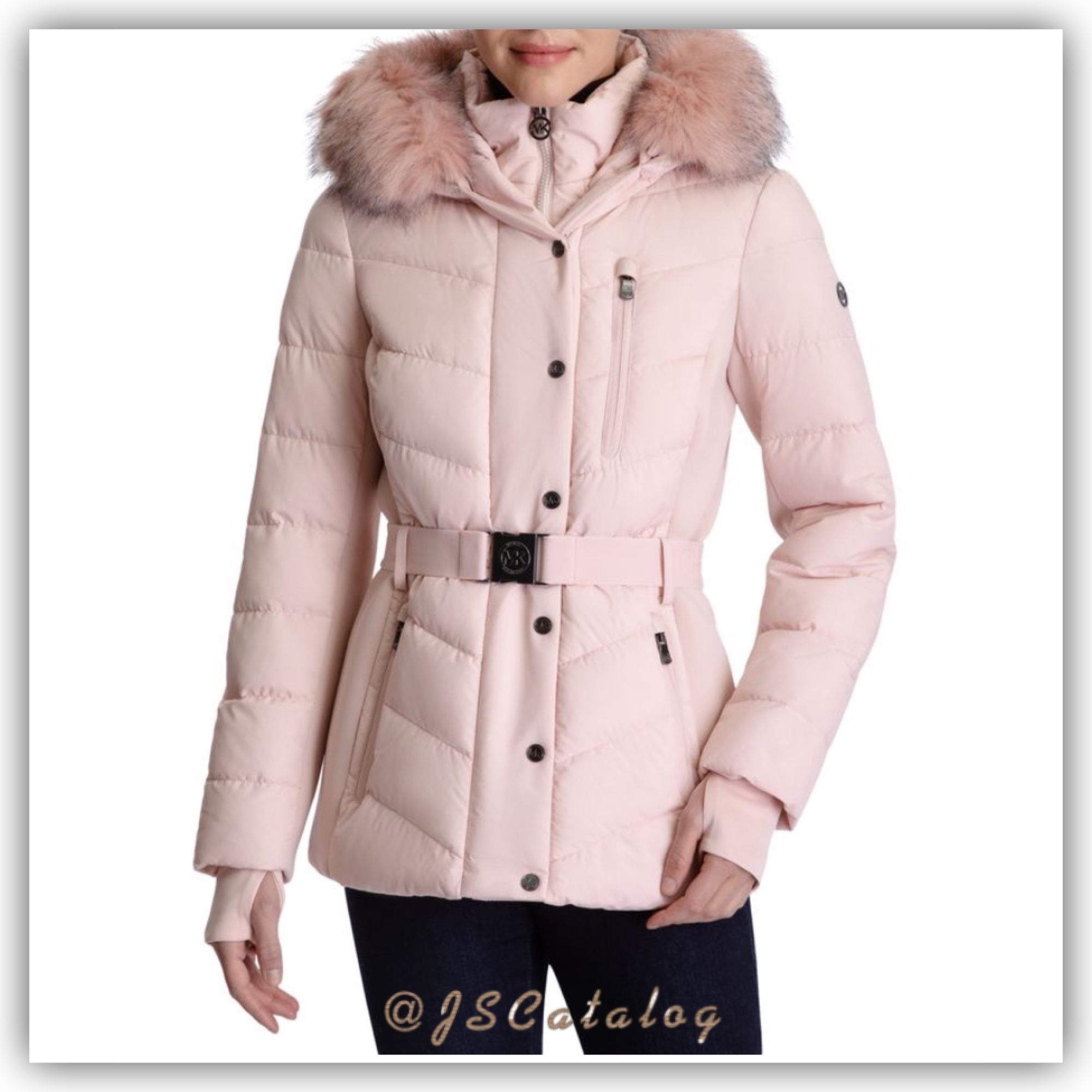 Michael Kors Light Pink Fur-Trimmed Puffer Jacket Size M