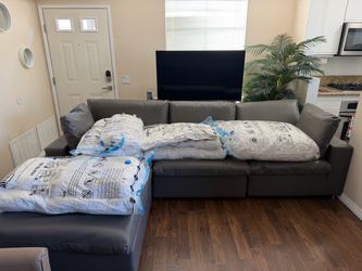 Sectional Sofa-Faux/Vegan Gray Leather with Ottoman